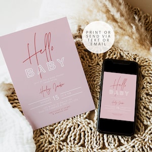 Modelo de convite para chá de bebê HENLEY Convite moderno Hello Baby Edgy Blush e Red Girl Baby Shower Digital Evite