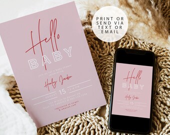 HENLEY Baby Shower Invitation Template Modern Hello Baby Invite Edgy Blush and Red Girl Baby Shower Digital Evite