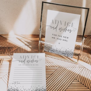REGINA Advice & Wishes Brautdusche Spiel, Silber Glitter Brautdusche Spiel zum Ausdrucken, Silber Pailletten Brautdusche Advice Card DIY Glam