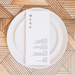 Plantilla de menú de boda moderna HARPER, tarjetas de menú simples, tarjetas de menú en blanco y negro, tarjetas de menú imprimibles, plantilla de menú de 5 x 7, menú instantáneo