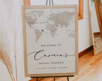 CARMEN Bridal Shower Welcome Sign Template, Travel Themed Bridal Shower Welcome Sign, Watercolor World Map Adventure Destination Shower DIY