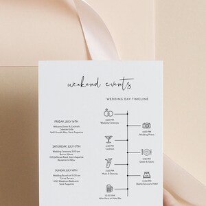 May include: A white card with a black and white timeline of weekend events for a wedding. The card lists the dates and times of the wedding ceremony, cocktail hour, dinner, and after party. The card also includes the locations of each event.