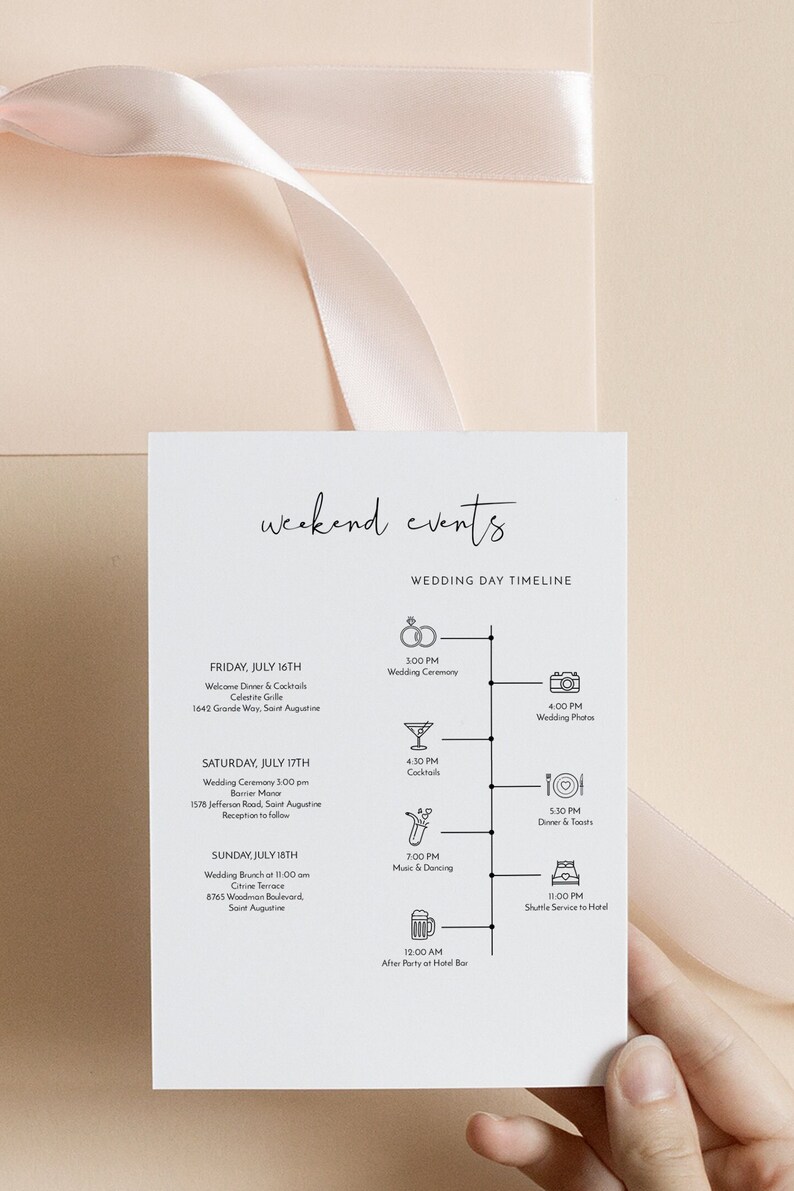 May include: A white card with a black and white timeline of weekend events for a wedding. The card lists the dates and times of the wedding ceremony, cocktail hour, dinner, and after party. The card also includes the locations of each event.