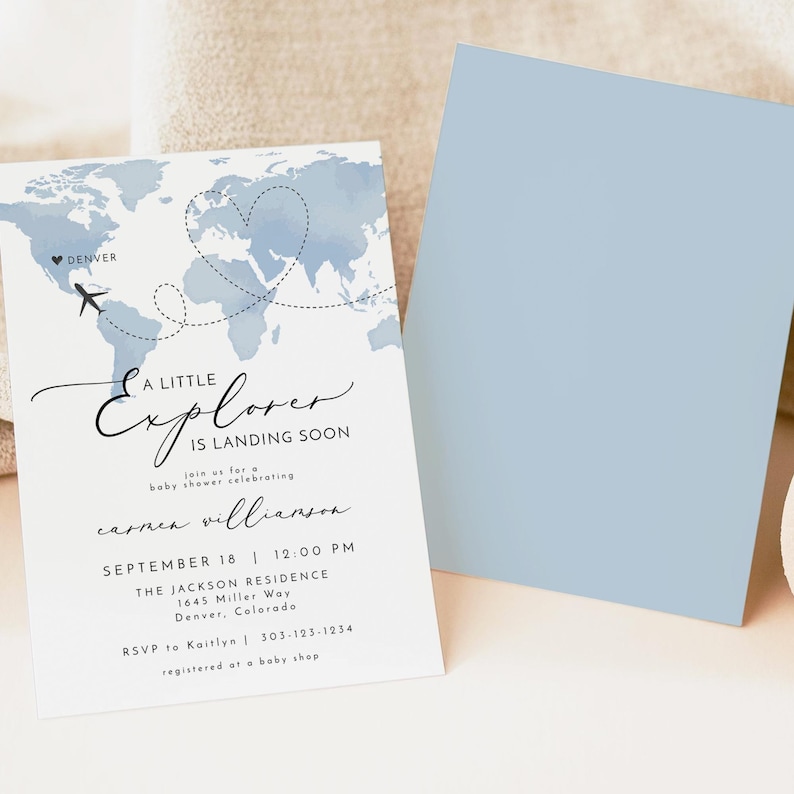 Szablon zaproszenia na baby shower CARMEN Adventure, Wkrótce przylot Little Explorer, Zaproszenie na baby shower z niebieską mapą, Motyw podróży na baby shower dla dziewczynek zdjęcie 5