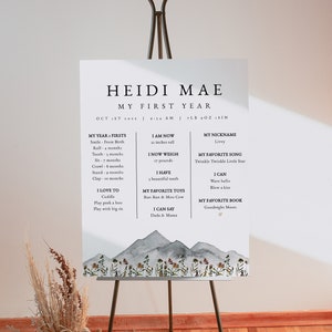 Modello di bacheca per traguardo del primo compleanno HEIDI, bacheca per traguardo dei fiori di campo, bacheca per traguardo del bambino, poster per traguardo floreale con toni tenui di montagna