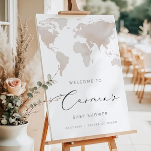 CARMEN PRINTED + SHIPPED Adventure Baby Shower Welcome Sign, Adventure Awaits Baby Shower Welcome Poster, World Map Baby Shower Welcome