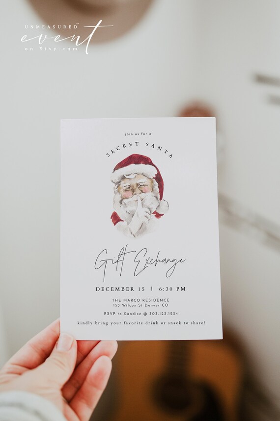 Minimalist Secret Santa Invitation Template, Modern Christmas Gift Exchange Invitation Printable,  Watercolor Santa Holiday Party HARLOW