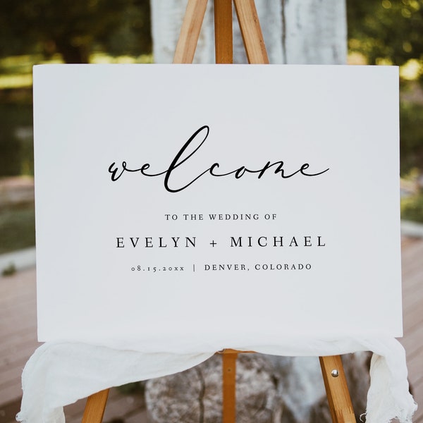 EVELYN Wedding Welcome Sign, Wedding Welcome Poster, Printable Welcome Sign, Elegant Script Welcome, Calligraphy Welcome Simple Landscape