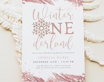 RORY Winter Onederland Girl First Birthday Invitation, Winter Birthday Invitation, Pink December Christmas Girl Birthday Party Invite DIY