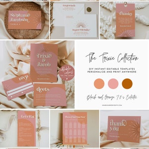 70&#39;s Wedding Mega Bundle 70&#39;s Wedding Invitation Printable Set, Groovy Hippy Eclectic Wedding Invitation Templates Sunburst Blush TRIXIE