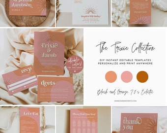 70's Wedding Mega Bundle 70's Wedding Invitation Printable Set, Groovy Hippy Eclectic Wedding Invitation Templates Sunburst Blush TRIXIE