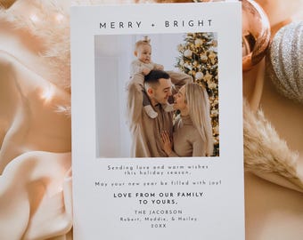 KENNEDY Modern Photo Christmas Card Template Printable Christmas Cards Minimalist Merry and Bright Family Photo Holiday Card