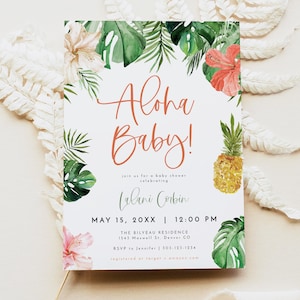 Aloha Baby Shower Invitation Template, Luau Baby Shower Invitation, Tropical Baby Shower Invite, Beach Baby Shower Pineapple Hibiscus LALANI