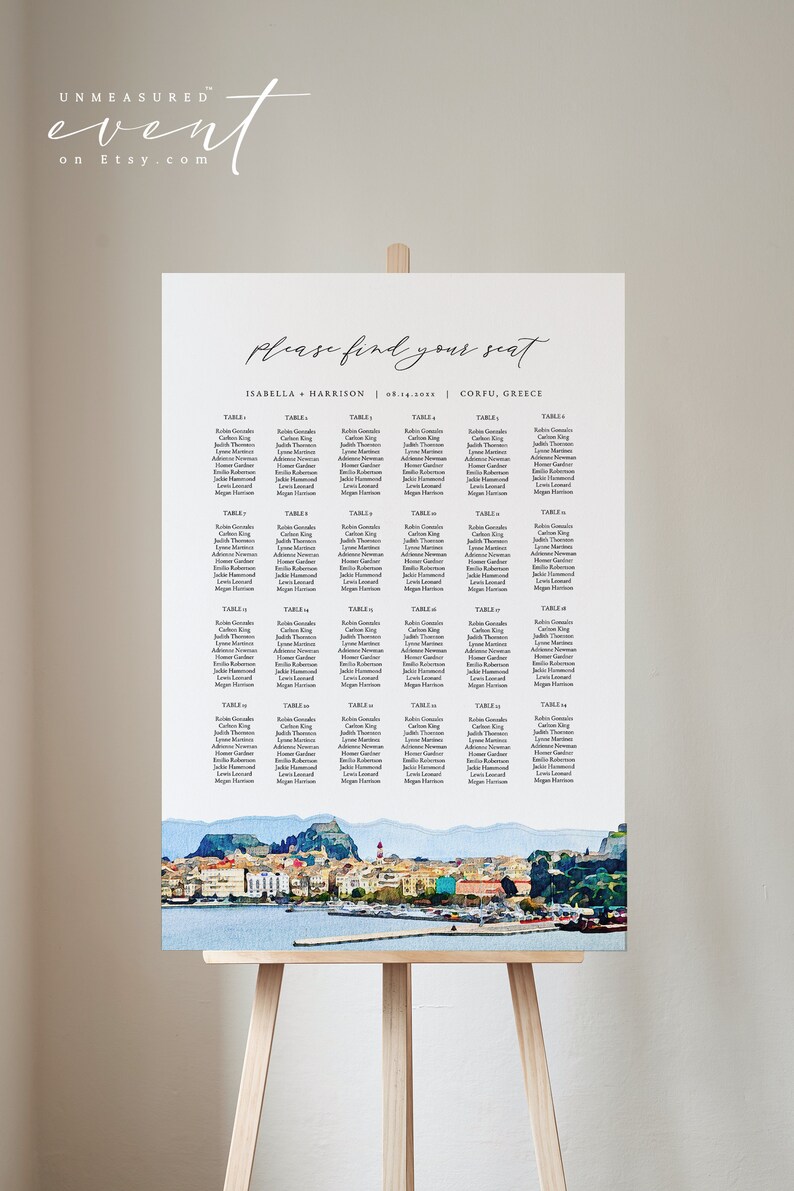 CORFU Seating Chart Template, Greece Destination Wedding Seating Chart Sign, Wedding Seating Chart, Table Seating Chart, Travel Skyline image 3