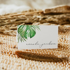 Tropical Wedding Place Card Template, Beach Wedding Place Card Template, Palm Leaf Place Card, Printable Escort Card Island Destination CORA