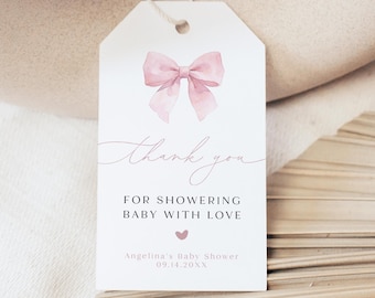 PRINTED + SHIPPED Pink Bow Baby Shower Thank You Tags, It's a Girl Baby Shower Favor Tags, Coquette Baby Shower Tags ANGELINA