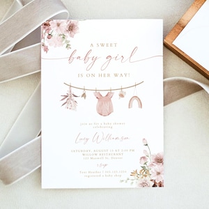 PRINTED + SHIPPED Boho Baby Shower Invitation, Sweet Baby Girl Shower Invite, Dusty Rose Clothesline Baby Shower Invitation LUCY image 5