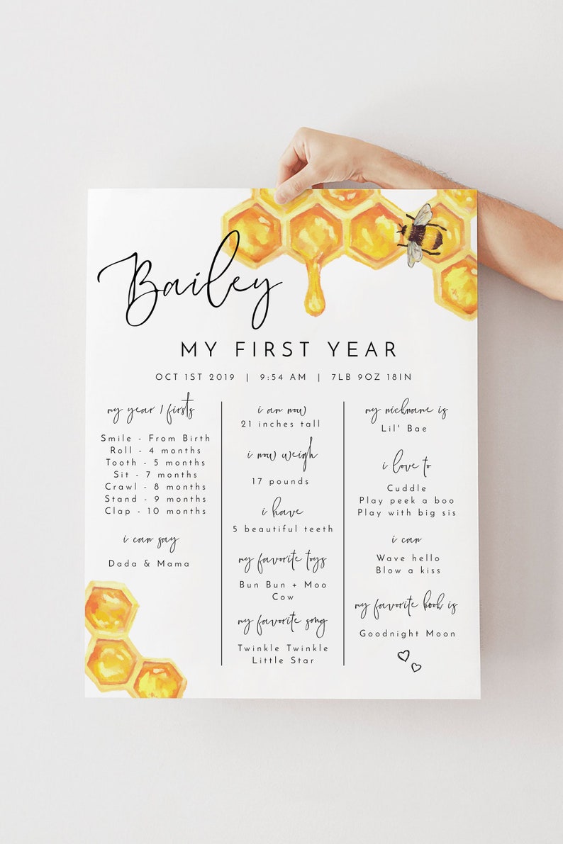 May include: A white and yellow printable chart with a honeycomb design and a bee. The chart is titled "My First Year" and includes details about a baby's first year, such as their weight, height, and milestones. The chart also includes the baby's nickname, favorite toys, song, and book.