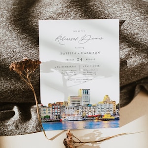 Savannah Rehearsal Dinner Invitation Printable, Watercolor Savannah Skyline Wedding Rehearsal Evite Instant Download, Georgia Wedding Dinner