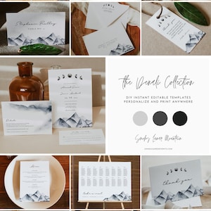 DENALI Wedding Bundle, Mountain Wedding Invitation, Moon Wedding Invite Set, Printable Wedding Invite, Celestial Moon Phase Bohemian DIY