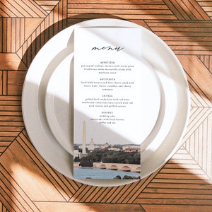 Modelo de menu de casamento em WASHINGTON DC, cartões de menu de casamento em aquarela com horizonte de Washington DC, cartão de menu longo para casamento no destino para impressão faça você mesmo