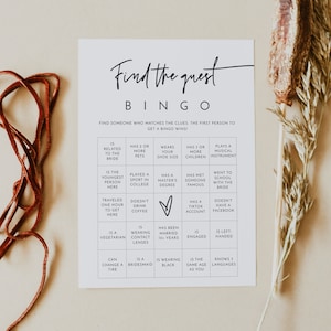 Trouvez l'invité jeu de bingo, cartes de bingo de douche nuptiale imprimables, jeu de douche nuptiale moderne, bingo de douche nuptiale minimaliste bricolage instantané