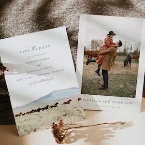Modèle de réservation de cheval CHEYENNE, réservez cette date pour mariage au ranch, réservez cette date rustique, réservez cette date cheval sauvage, carte postale du Wyoming à faire soi-même