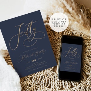 ARIANA 50th Birthday Invitation Template, Navy and Gold Birthday Invite Instant Download, Elegant Calligraphy Fiftieth Birthday Evite DIY