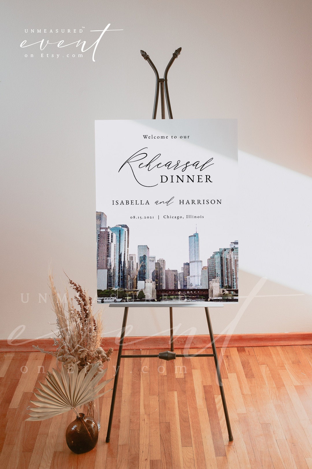 CHICAGO Rehearsal Dinner Sign Template, Watercolor Chicago