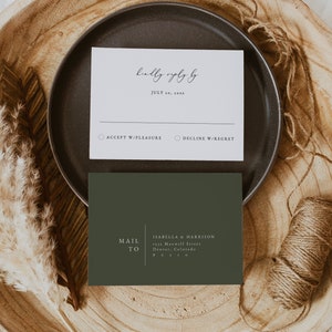CLOVER Moderne Antwortkartenvorlage, minimale Antwortkarte Postkarte zum Ausdrucken, einfache Hochzeit Rsvp, minimalistische Jägerwaldgrüne Antwortkarte
