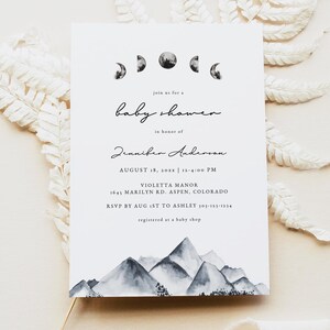 Modèle d'Invitation pour baby shower montagne, invitation à une baby shower bohème neutre sexiste imprimable, cartes d'invitation pour baby shower lune DENALI