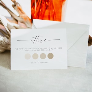 Modèle de carte de tenue de mariage BLAIR, palette de couleurs de mariage bohème, carte d'insertion de code vestimentaire minimaliste pour invité, tableau d'humeur de mariage pour invité