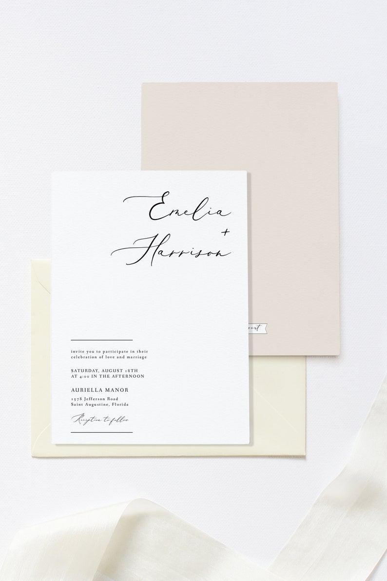 Minimal Wedding Invite Suite Elegant Calligraphy Wedding Invitation Set Evelyn Templett Invite Modern Wedding Invitation Template Suite