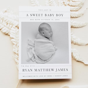 Newspaper Birth Announcement Template, Baby Boy Birth Announcement, Minimalist Birth Card, Newborn Baby Card Instant Download Editable
