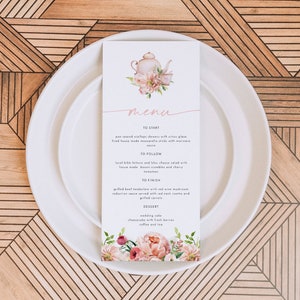 Modèle de menu ALICE Tea Party, cartes de menu de mariée thé rose poudré, carte de menu de fête d'anniversaire thé imprimable, cartes de menu florales Blush, fleurs de printemps