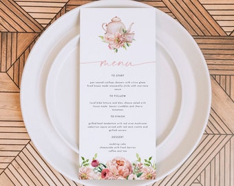ALICE Tea Party Menu Template, Blush Bridal Tea Menu Cards, Tea Birthday Party Menu Card Printable, Blush Floral Menu Cards, Spring Floral