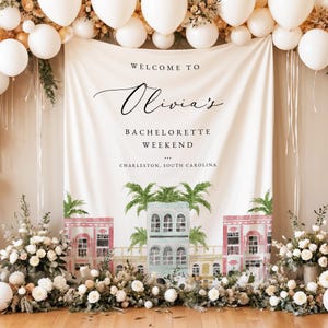 FIONA Charleston Bachelorette Welcome Banner, Beach Bachelorette Photo Backdrop, Editable Colors Girl's Weekend Tapestry, Tropical Bach DIY