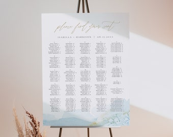 GEMMA Alphabetical Seating Chart Template, Printable Wedding Seating Chart, Blue Watercolor Seating Chart, Tropical Beach Ocean Destination