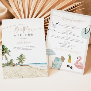 CANCUN BirthdayInvitation Template, Tropical Birthday Invite, Beach Birthday Invite, Weekend Itinerary Schedule Palm Tree Swim Vacation DIY
