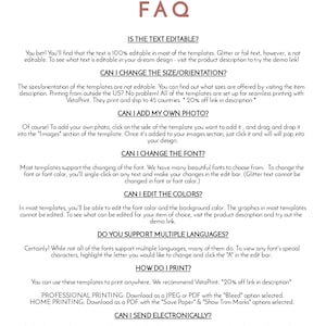 K&ouml;nnte beinhalten: Eine Seite mit h&auml;ufig gestellten Fragen (FAQ) f&uuml;r druckbare Event-Vorlagen. Die Seite enth&auml;lt Informationen zum Bearbeiten von Text, Hinzuf&uuml;gen von Fotos, &Auml;ndern von Schriftarten, Bearbeiten von Farben, Unterst&uuml;tzung mehrerer Sprachen, Druckoptionen und elektronischem Versand. Die Seite gibt auch an, dass es keine Zeit- oder Download-Limits f&uuml;r die Vorlagen gibt.