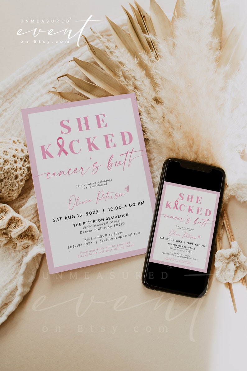 Cancer Remission Invitation Template, Breast Cancer Remission Party Instant Download Printable, Pink Cancer Ribbon Instant Editable Evite image 1