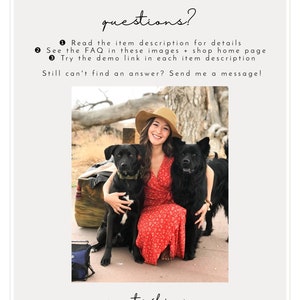 May include: A woman in a red floral dress and a straw hat sits with two black dogs. The image includes text about questions, FAQs, and a demo link. The text also mentions rescue pups Molson & Bear.