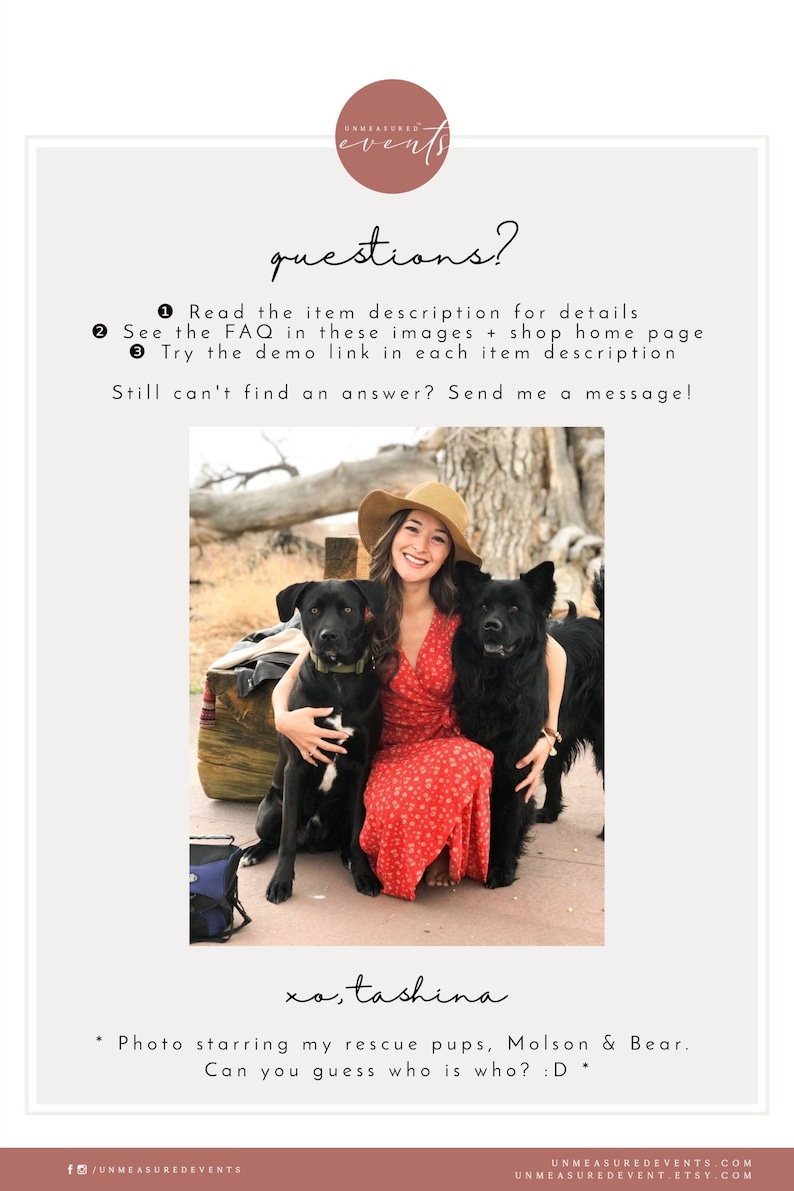 May include: A woman in a red floral dress and a straw hat sits with two black dogs. The image includes text about questions, FAQs, and a demo link. The text also mentions rescue pups Molson & Bear.