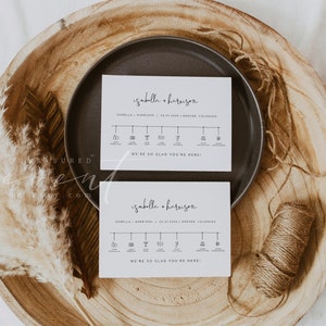 May include: Two white cards with black text and icons. The top card says "isabella + harrison" and the bottom card says "isabella + harrison". Both cards have a timeline with icons representing different events, such as the wedding ceremony, cocktail hour, and dinner. The text at the bottom of each card says "We're so glad you're here!"