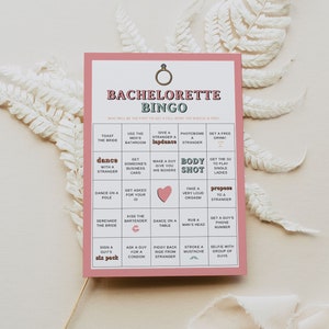 Jeu de bingo EVJF imprimable, jeu d'enterrement de vie de jeune fille du parti femme du parti, jeu de bar EVJF rétro des années 70, cartes de bingo rose orange bricolage