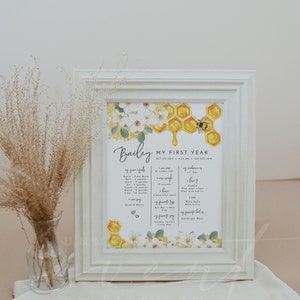 ROMY Bee Baby Meilensteintafel Vorlage, druckbare erste Geburtstag Meilensteintafel, Floral Honey Bee erster Geburtstag, mein erstes Jahr Zeichen DIY Bild 2