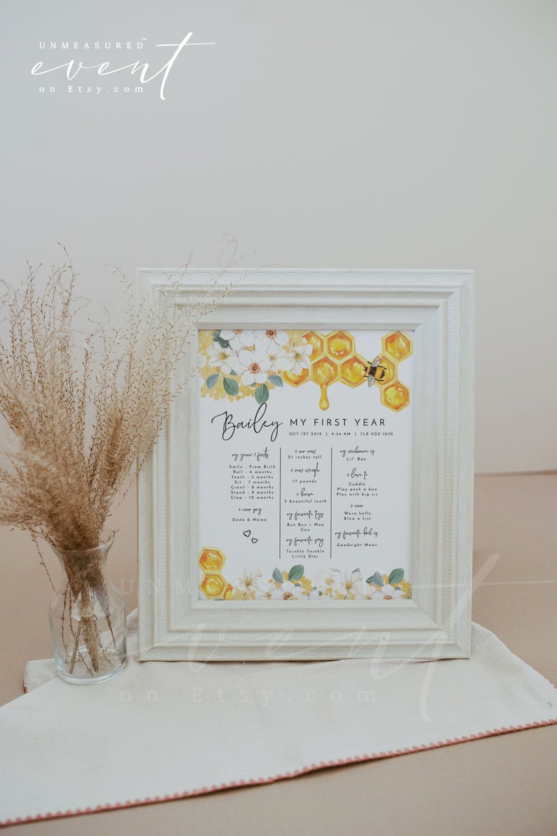 ROMY Bee Baby Meilensteintafel Vorlage, druckbare erste Geburtstag Meilensteintafel, Floral Honey Bee erster Geburtstag, mein erstes Jahr Zeichen DIY Bild 2