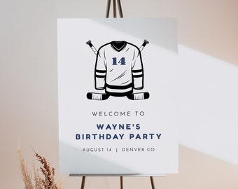 Placa de boas-vindas para aniversário do Wayne - Modelo para festa de aniversário com tema de hóquei - Placa de boas-vindas para festa de aniversário de menino - Imprimível - Editável - Faça você mesmo