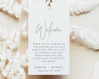 Willkommen Tag Vorlage, Hochzeit Willkommen Tasche Tag bedruckbar, Hochzeit Gunst Tag bearbeitbar, minimalistische Hochzeit Tags, modernes Script Tag - HARLOW