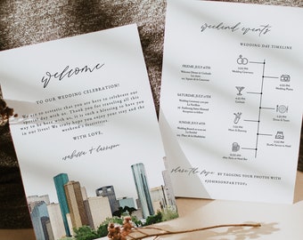 HOUSTON Wedding Welcome Letter Template, Houston Skyline Wedding Timeline Printable, Destination Wedding Schedule Order of Event Texas DIY